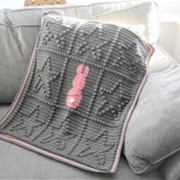 Crochet Baby Blanket Grey Star & Pink Bunny, Tactile Popcorn Design - thumbnail 3