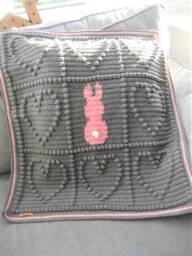 Crochet Baby Blanket Grey Star & Pink Bunny, Tactile Popcorn Design - thumbnail 1