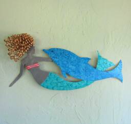 Upcycled Metal Mermaid & Dolphin Wall Art Coastal Beach House Decor - 14x23