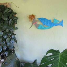 Upcycled Metal Mermaid & Dolphin Wall Art Coastal Beach House Decor - 14x23 - thumbnail 2