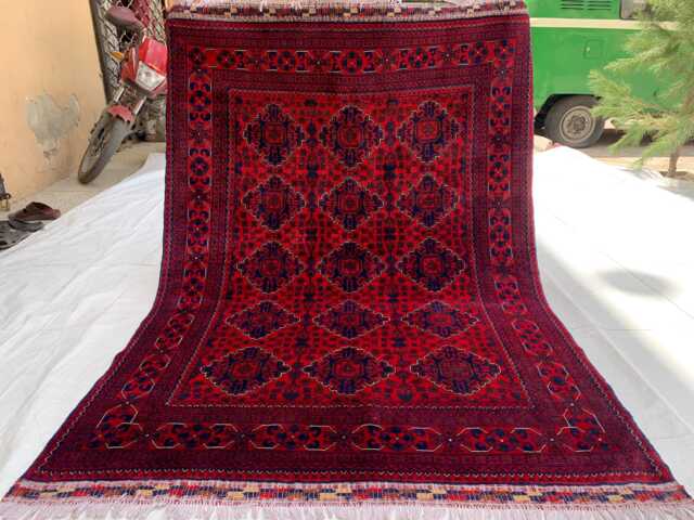 Handmade Afghan Wool Rug 7.2x4.11 Red Bukhara Turkmen Design - image 1