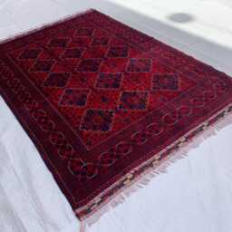 Handmade Afghan Wool Rug 7.2x4.11 Red Bukhara Turkmen Design - thumbnail 4