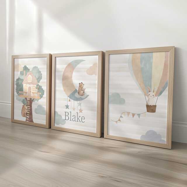 Personalised Nursery Wall Prints, Set Of 3, Whimsical Boho Hot Air Balloon Animals, Framed Bedroom Decor Gift For Kids Room Playroom Posters - image 1