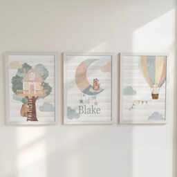 Personalised Nursery Wall Prints, Set Of 3, Whimsical Boho Hot Air Balloon Animals, Framed Bedroom Decor Gift For Kids Room Playroom Posters - thumbnail 2