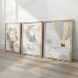 Personalised Nursery Wall Prints, Set Of 3, Whimsical Boho Hot Air Balloon Animals, Framed Bedroom Decor Gift For Kids Room Playroom Posters - thumbnail 1