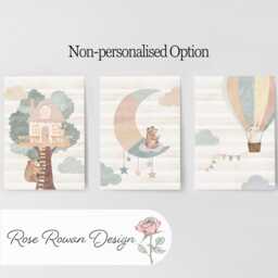 Personalised Nursery Wall Prints, Set Of 3, Whimsical Boho Hot Air Balloon Animals, Framed Bedroom Decor Gift For Kids Room Playroom Posters - thumbnail 3