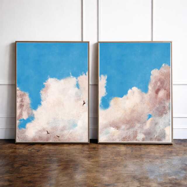 Blue Sky Cloud Wall Art Set Of 2, Pastel Prints, Bright Poster Pair, Minimalist Bedroom Decor, Nursery - image 1
