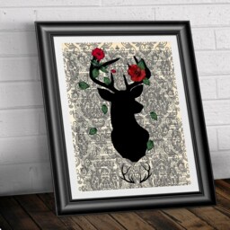 Dictionary Art Print Deer Stag & Poppies. Art On Antique Dictionary Book Page Shabby Chic Wall Decor. Animal Red Poppy Art - thumbnail 2