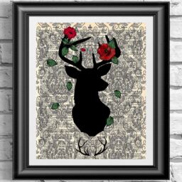 Dictionary Art Print Deer Stag & Poppies. Art On Antique Dictionary Book Page Shabby Chic Wall Decor. Animal Red Poppy Art - thumbnail 1