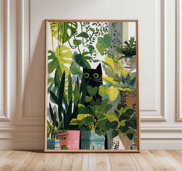 Cat Poster, Print, Botanical Wall Art, Floral Lovers Gift, Animal Feline Decor, Tropical Nature Print - image 1