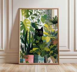 Cat Poster, Print, Botanical Wall Art, Floral Lovers Gift, Animal Feline Decor, Tropical Nature Print - thumbnail 1
