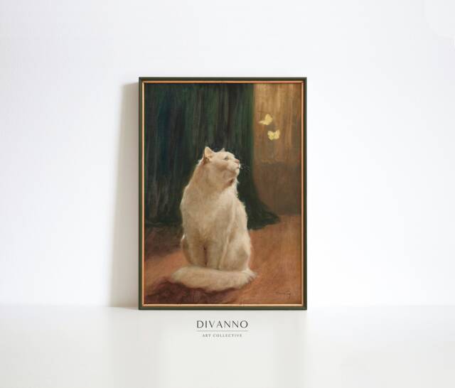 Vintage White Cat Art Print, Yellow Butterflies, Arthur Heyer - image 1