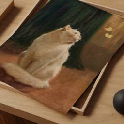 Vintage White Cat Art Print, Yellow Butterflies, Arthur Heyer - thumbnail 2