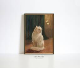 Vintage White Cat Art Print, Yellow Butterflies, Arthur Heyer - thumbnail 1