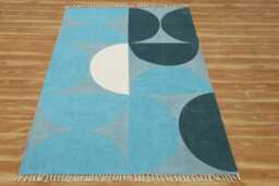 Blue Green Geometric Rug, Block Print Cotton Dhurrie - thumbnail 1