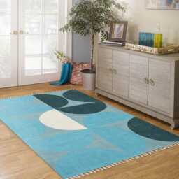 Blue Green Geometric Rug, Block Print Cotton Dhurrie - thumbnail 3