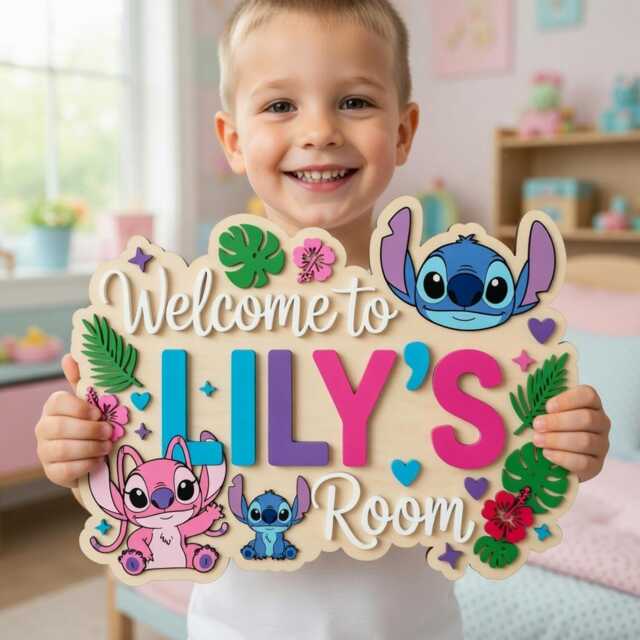Personalized Stitch & Angel Wooden Name Sign, Custom Kids Room Door Hanger, Nursery Wall Decor, Tropical Girls Bedroom Decor - image 1