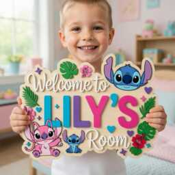 Personalized Stitch & Angel Wooden Name Sign, Custom Kids Room Door Hanger, Nursery Wall Decor, Tropical Girls Bedroom Decor - thumbnail 1