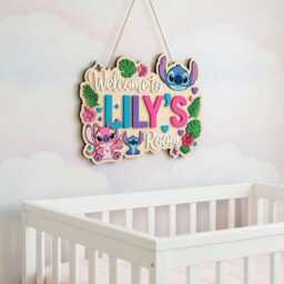 Personalized Stitch & Angel Wooden Name Sign, Custom Kids Room Door Hanger, Nursery Wall Decor, Tropical Girls Bedroom Decor - thumbnail 3
