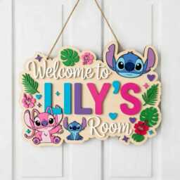 Personalized Stitch & Angel Wooden Name Sign, Custom Kids Room Door Hanger, Nursery Wall Decor, Tropical Girls Bedroom Decor - thumbnail 2