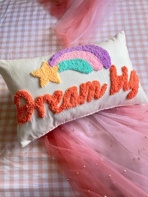 Dream Big Cushion With Rainbow Shooting Star - Nursery Quote Decoration Handmade Boucle Punch Needle Embroidery Kids Newborn Cute Gift - image 1