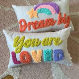 Dream Big Cushion With Rainbow Shooting Star - Nursery Quote Decoration Handmade Boucle Punch Needle Embroidery Kids Newborn Cute Gift - thumbnail 2