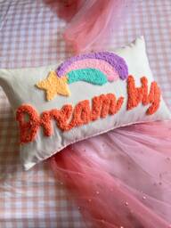 Dream Big Cushion With Rainbow Shooting Star - Nursery Quote Decoration Handmade Boucle Punch Needle Embroidery Kids Newborn Cute Gift - thumbnail 1