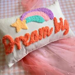 Dream Big Cushion With Rainbow Shooting Star - Nursery Quote Decoration Handmade Boucle Punch Needle Embroidery Kids Newborn Cute Gift - thumbnail 3