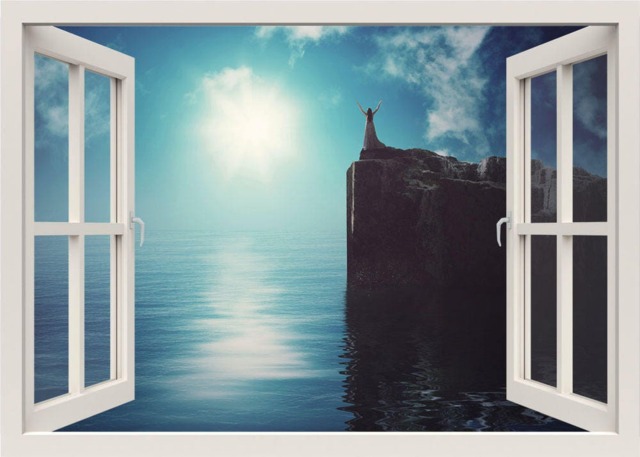 Woman On Hill Sea Wall Decal, Shore Mural, Fantasy Nature Sticker, 3D Window View Home Living Room Decor