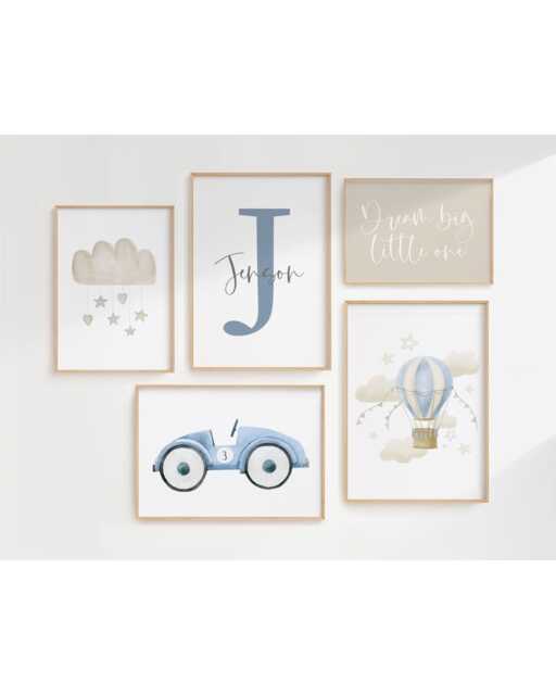 Boys Gallery Wall Prints - Car Print Personalised Initial Hot Air Balloon Blue Nursery Set Of 5 - image 1