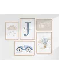 Boys Gallery Wall Prints - Car Print Personalised Initial Hot Air Balloon Blue Nursery Set Of 5 - thumbnail 1