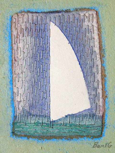 stapled Raindrops Watercolor Painting Nautical Sailboat Art, Framed - image 1
