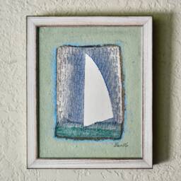 stapled Raindrops Watercolor Painting Nautical Sailboat Art, Framed - thumbnail 2