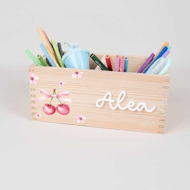 Personalized Pencil Holder Cherries, Desk Organizer Wood Acrylic Name, Cup School Enrollment, Gift Child Cone - image 1