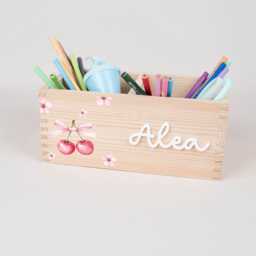 Personalized Pencil Holder Cherries, Desk Organizer Wood Acrylic Name, Cup School Enrollment, Gift Child Cone