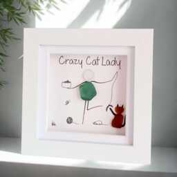 Handmade Sea Glass Cat Art, Crazy Lady Gift, Feline Lover Picture