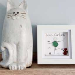 Handmade Sea Glass Cat Art, Crazy Lady Gift, Feline Lover Picture - thumbnail 4