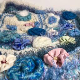 Unique Carpet, Handmade Knitted Crochet Rug, Wool, Acrylic, Wool Mixture, Rainbow Mat, Flowers - thumbnail 3