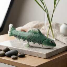 Rustic Hand Carved Wooden Trout Figurine, Green Fish Decor, River Cabin Art, Fly Fishing Gift For Him, Nature Lover Desktop Ornament - thumbnail 1