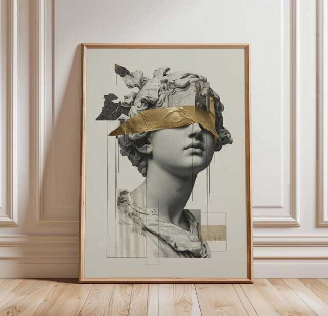 Gold Leaf Greek Statue Poster, Modern Classical Bust Wall Art, Abstract Collage Print, Minimalist Sculpture Decor - image 1