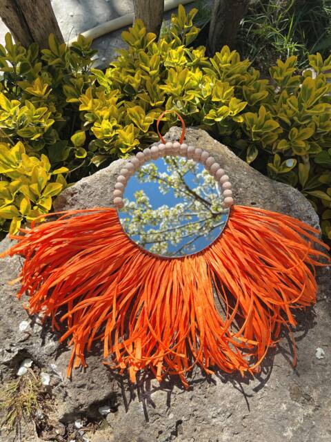 Orange Raffia Wall Mirror, Wooden Beads, Coastal Decor - image 1