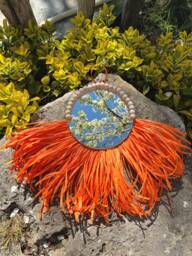 Orange Raffia Wall Mirror, Wooden Beads, Coastal Decor - thumbnail 1