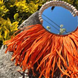 Orange Raffia Wall Mirror, Wooden Beads, Coastal Decor - thumbnail 3