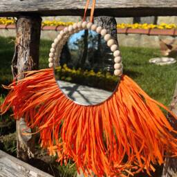 Orange Raffia Wall Mirror, Wooden Beads, Coastal Decor - thumbnail 2