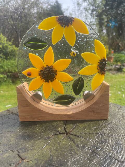 Handmade Fused Glass Sunflower Ornament With Oak Stand - image 1