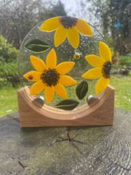 Handmade Fused Glass Sunflower Ornament With Oak Stand - thumbnail 1