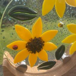 Handmade Fused Glass Sunflower Ornament With Oak Stand - thumbnail 2
