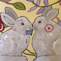 Floorcloth Bunny Rabbits Area Rug Grey Yellow - thumbnail 2