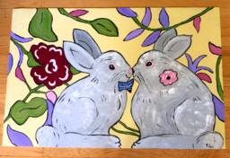 Floorcloth Bunny Rabbits Area Rug Grey Yellow