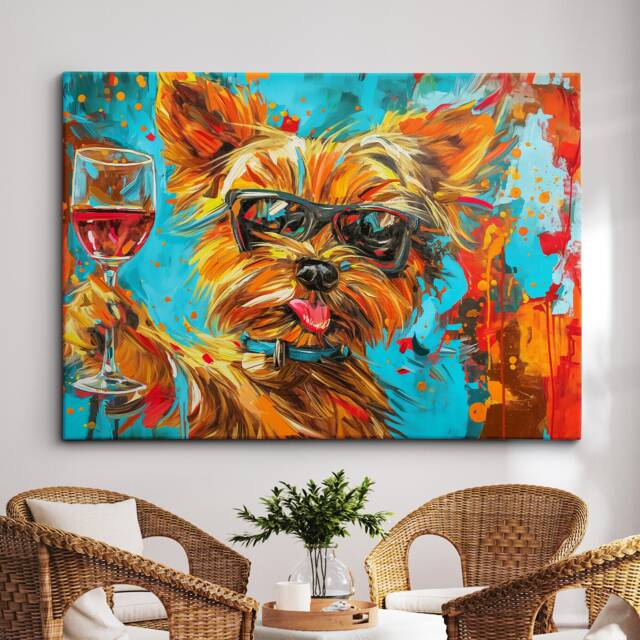 Yorkshire Terrier Toasting Drink Dog Pet Art Abstract Oil Painting Framed Poster Print & Canvas Wall Living Home Decor Interior - image 1